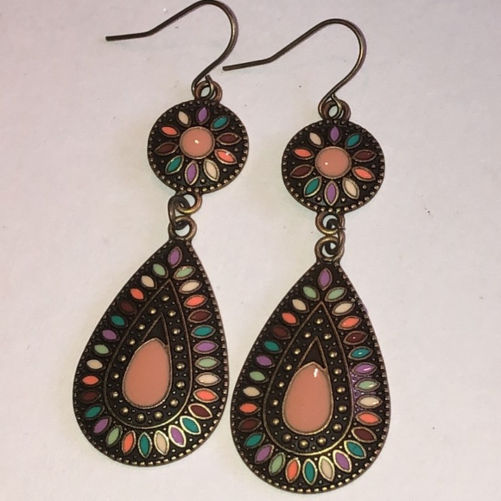 Elegant Brass Tone Multicolor Enamel Boho Teardrop Earrings